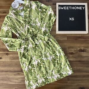 NWT SweetHoney Classic Lounge Pajama Robe Green Twinkle Trees Christmas Cozy XS